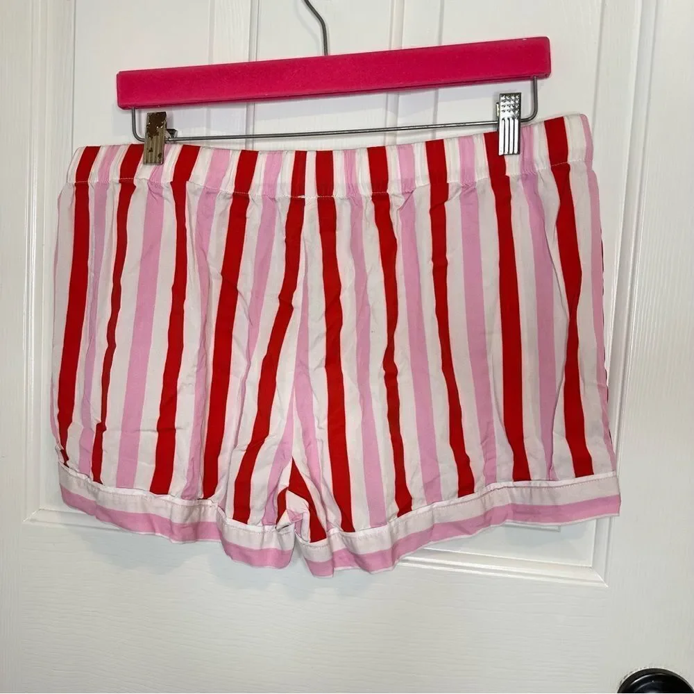 Katie Kime Red Pink White Retro Stripe  Modal Cotton Blend Pajama Shorts Sz L